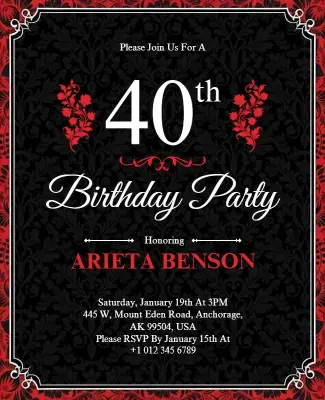 Classic Black and Red 40th Birthday Invitation Flyer Template