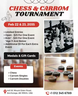Classic Black and White Chess and Carrom Tournament Poster Template