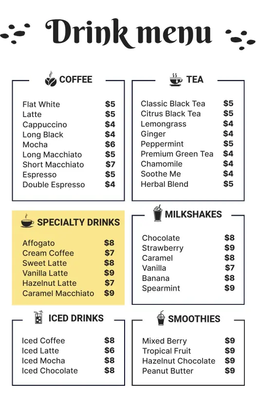 Classic Black and White Tea and Coffee Drink Menu Template