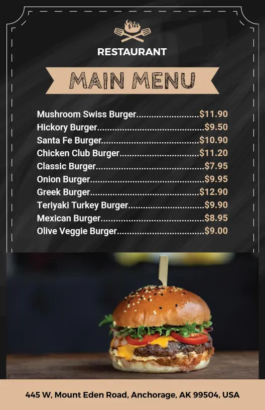 Classic Black Chalkboard Burger Restaurant Offerings Menu Template