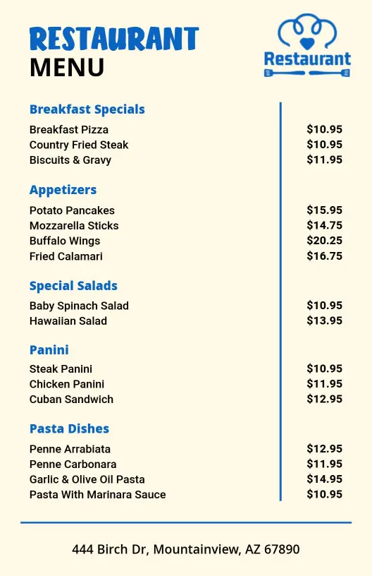 Classic Blue and Cream Restaurant Menu Template