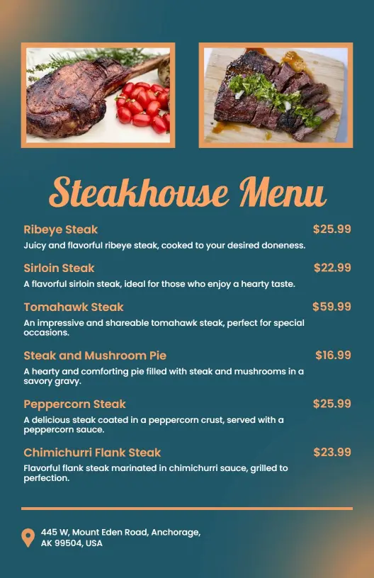 Classic Blue and Orange Steakhouse Restaurant Menu Template