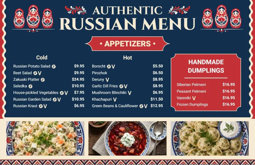 Classic Blue and Red Authentic Russian Appetizers Menu Template