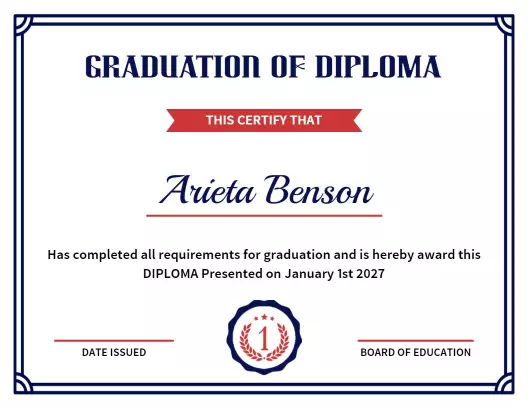 Classic Blue and Red Graduation Diploma Certificate Template