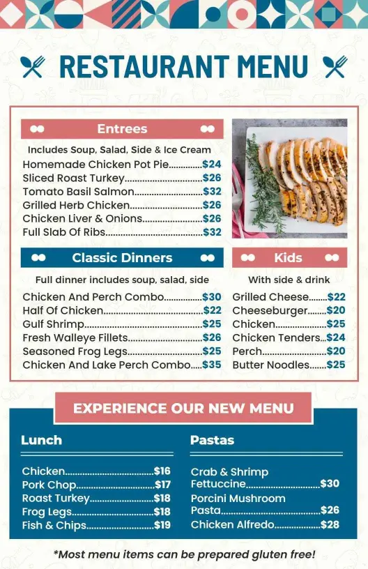 Classic Blue and White Restaurant Menu Template