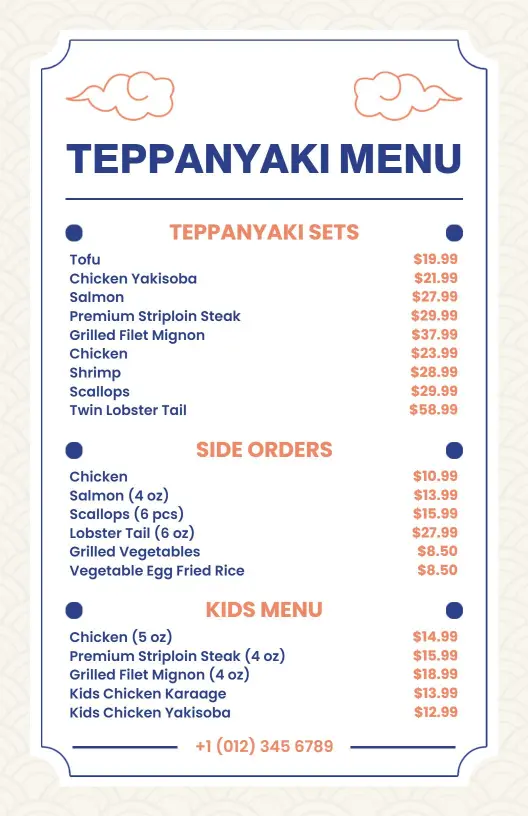 Classic Blue and White Teppanyaki Food Menu Template