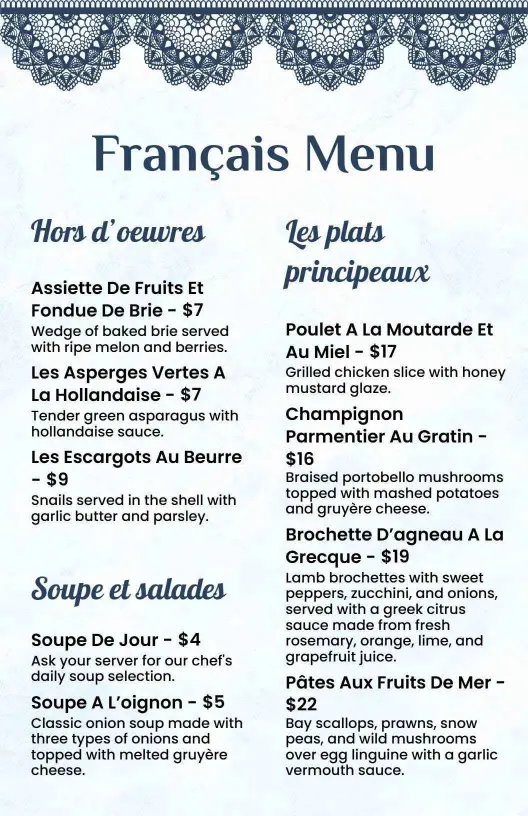 Classic Blue and White Textured French Restaurant Menu Template