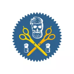 Classic Blue and Yellow Barber Shop Tools Emblem Logo Template