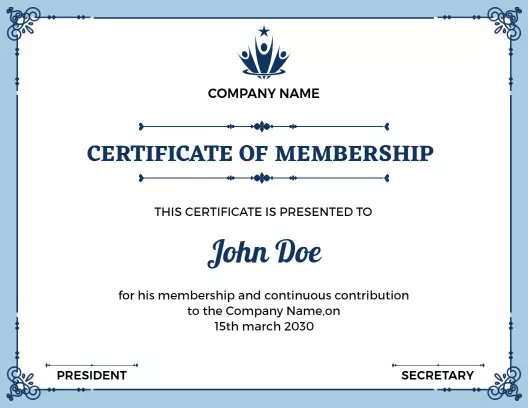Classic Blue Ornate Membership Contribution Certificate Template