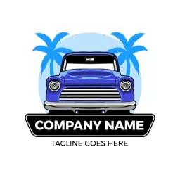 Classic Blue Pickup Truck Surrounded by Palm Trees Logo Template