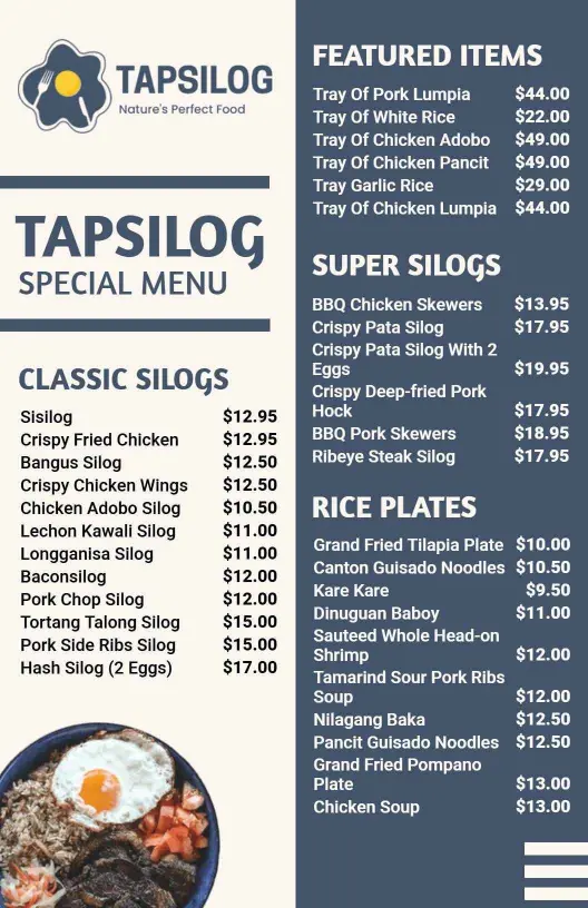 Classic Blue-Themed Filipino Tapsilog Restaurant Menu Template