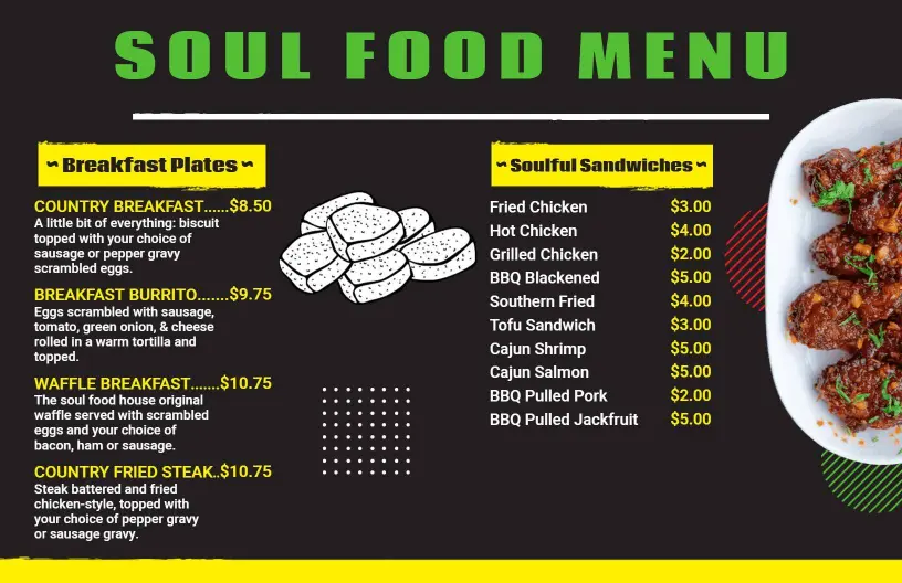 Classic Breakfasts and Delicious Sandwiches Soul Food Menu Template