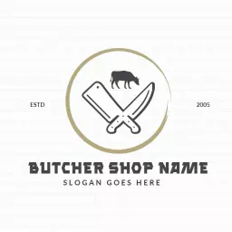 Classic Butcher Shop with Knives and Cow Icon Logo Template