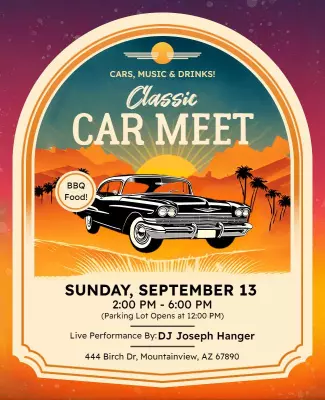 Retro Sunset Classic Car Meet BBQ Event Flyer Template