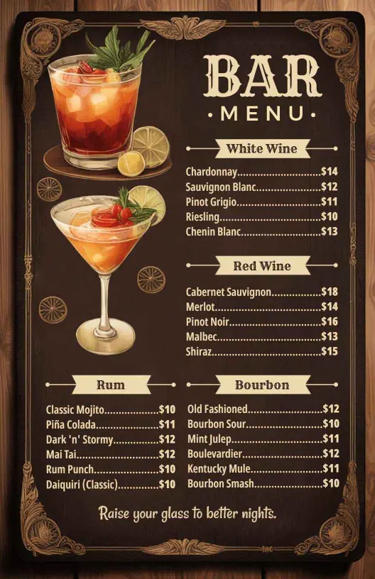 Classic Cocktails and Premium Wine Selection Bar Menu Template