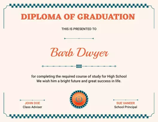 Classic Cream and Blue High School Graduation Diploma Template