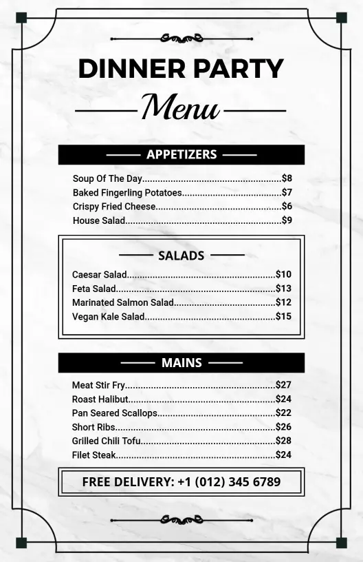 Classic Dinner Party Three-Course Meal Menu Template