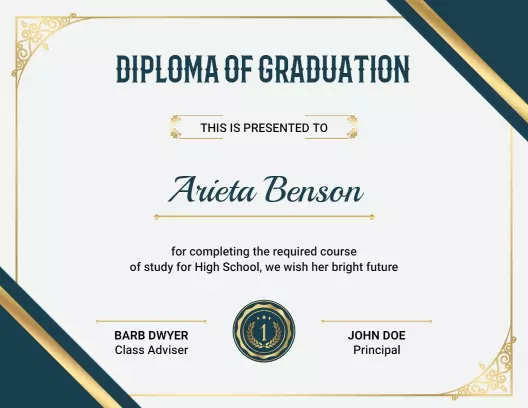 Classic Elegant Blue Graduation Diploma Certificate Template