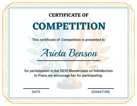 Classic Elegant Blue Music Competition Participation Certificate Template