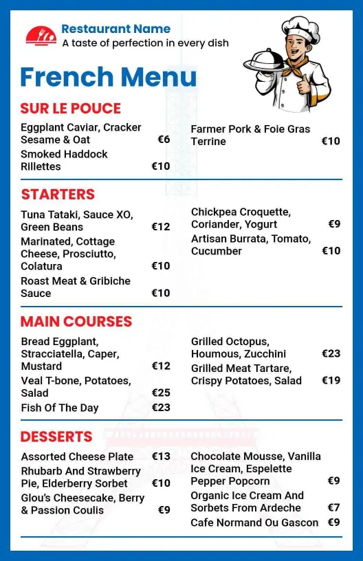 Classic French Dining Experience with Modern Blue Menu Template