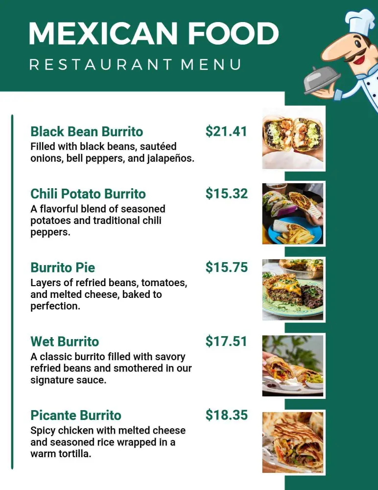 Classic Green Design for Mexican Burrito Menu Template