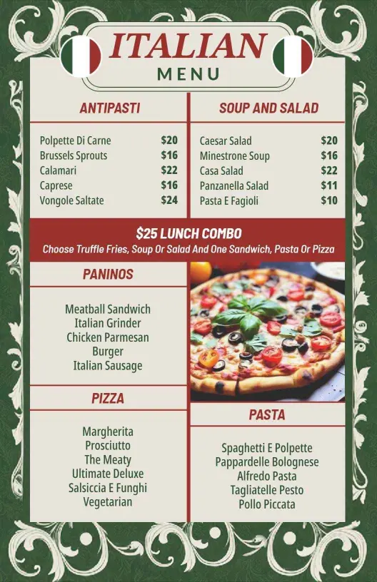 Classic Green Italian Restaurant Dining Menu Template