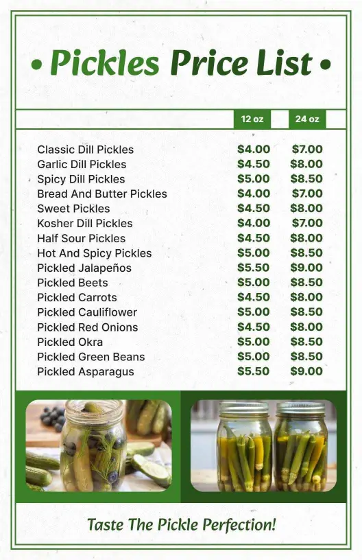 Classic Green Pickle Selection Price List Template