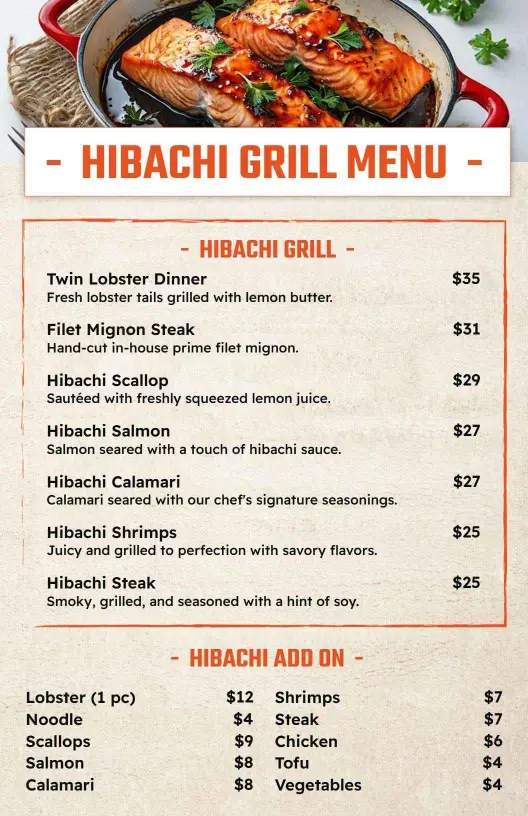 Classic Hibachi Cuisine with Add-Ons Menu Template