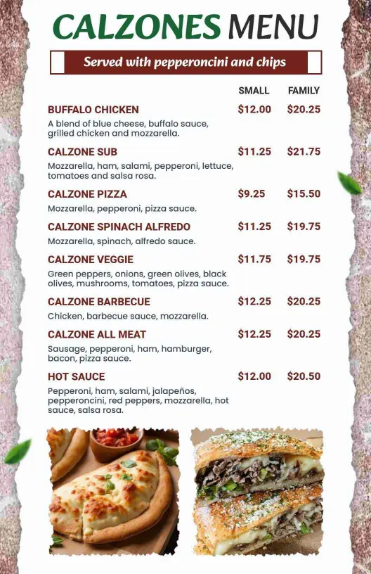 Classic Italian Flavor Focused Calzones Menu Template
