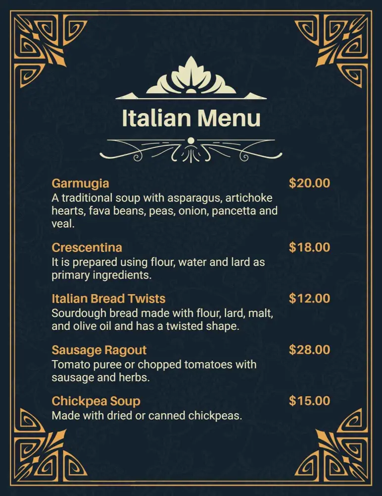 Classic Italian Soups and Artisan Bread Fancy Menu Template