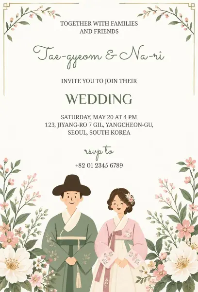 Classic Korean Wedding with Floral Accent Invitation Template