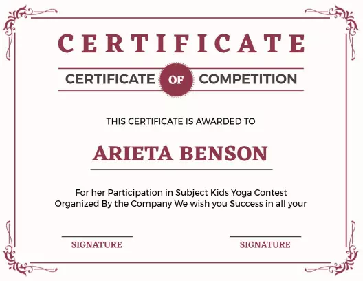 Classic Maroon Elegant Kids Yoga Competition Certificate Template