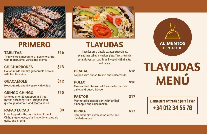 Classic Mexican Cuisine Featuring Tlayudas and Tacos Menu Template