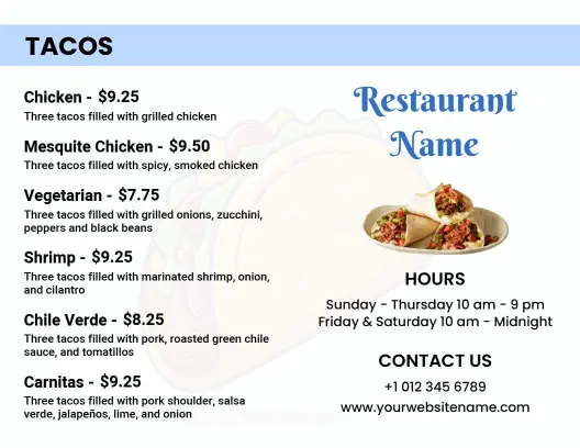 Classic Mexican Cuisine with Tacos and Platos Bi-Fold Menu Template