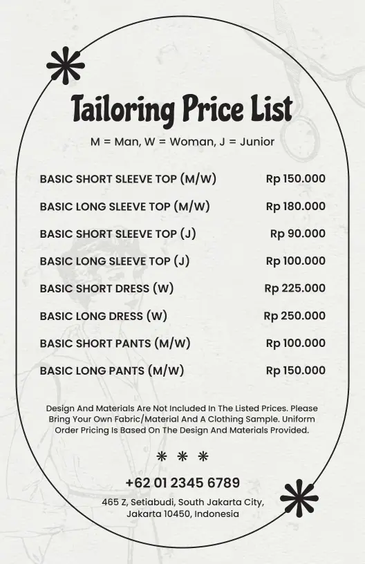 Classic Monochrome Tailoring Price List Template
