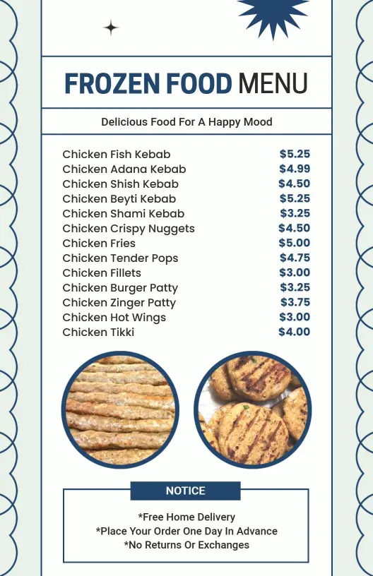 Classic Navy and White Frozen Food Selection Menu Template