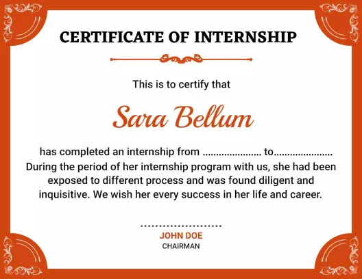 Classic Ornate Orange Design Internship Completion Certificate Template
