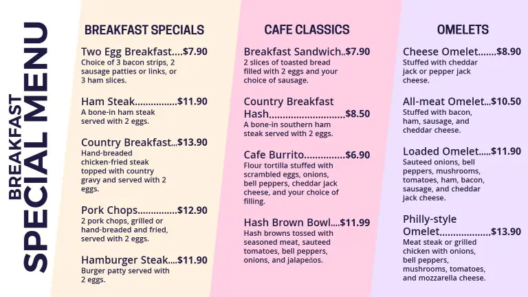 Classic Pastel Themed Breakfast Specials Menu Template