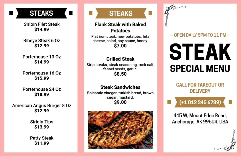 Classic Pink and Black Steakhouse Special Menu Template