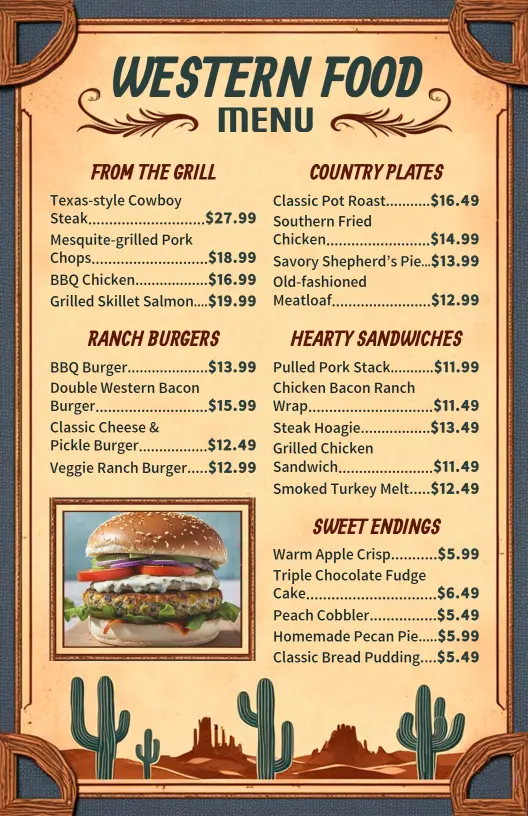 Classic Pot Roast and Sweet Dessert Options Western Menu Template
