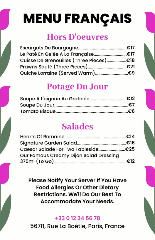 Classic Purple and White French Restaurant Menu Template