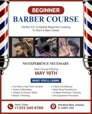 Classic Red and Blue Beginner Barber Course Poster Template