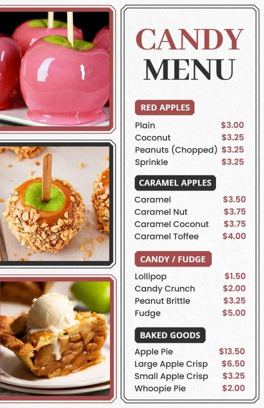 Classic Red and Caramel Apple Candy Menu Template