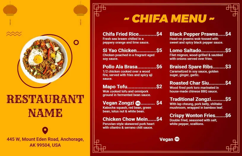 Classic Red and Yellow Chifa Restaurant Menu Template