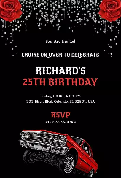 Classic Red Car Enthusiast 25th Birthday Celebration Invitation Template