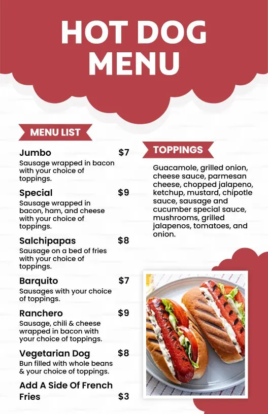 Classic Red Themed Hot Dog Menu Template