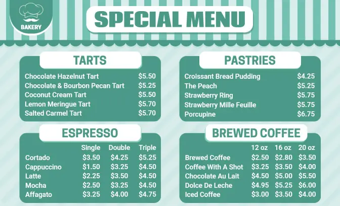 Classic Tarts and Delicious Pastries Selection Bakery Menu Template