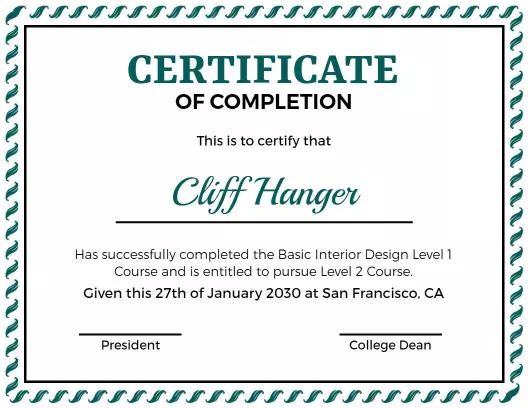 Classic Teal and White Basic Interior Design Completion Certificate Template