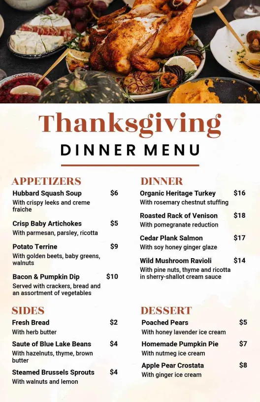 Classic Thanksgiving Dinner Featuring Turkey and Sides Menu Template