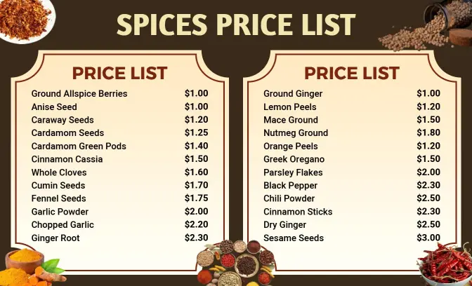 Classic Two-Column Layout for Spice Shop Price List Template